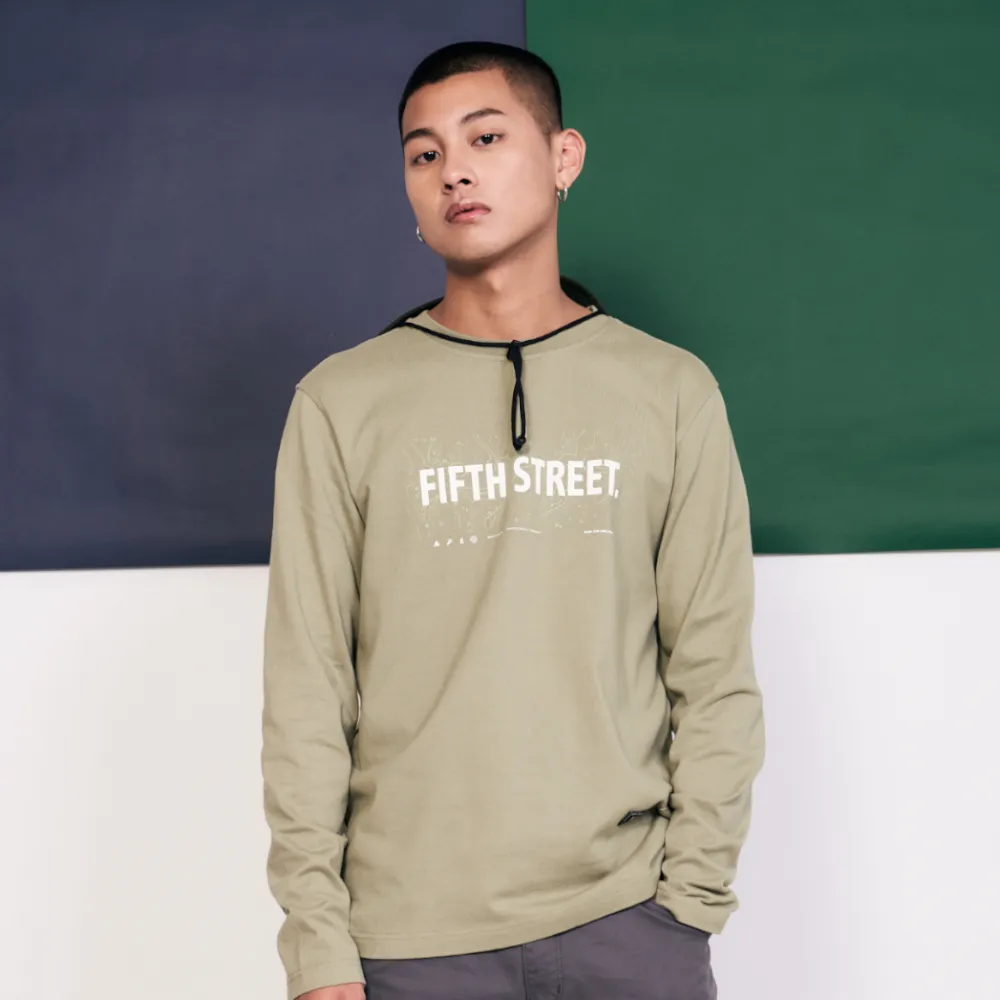 【5th STREET】男等高線圖LOGO長袖T恤-橄欖綠