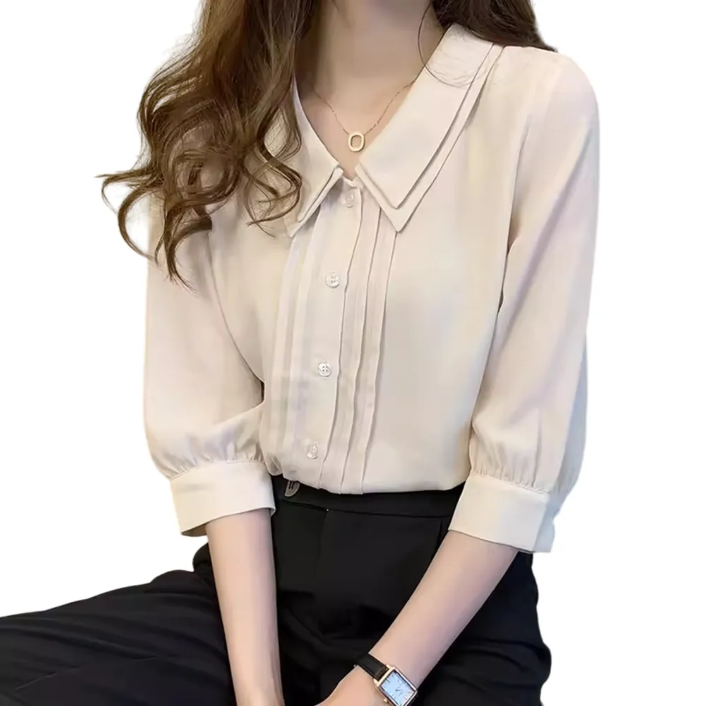 【CHACO】/預購/女 杏色雙層娃娃領俐落半袖襯衫雪紡衫上衣#6975(雪紡 上衣 襯衫 娃娃領 杏色 女 春夏)