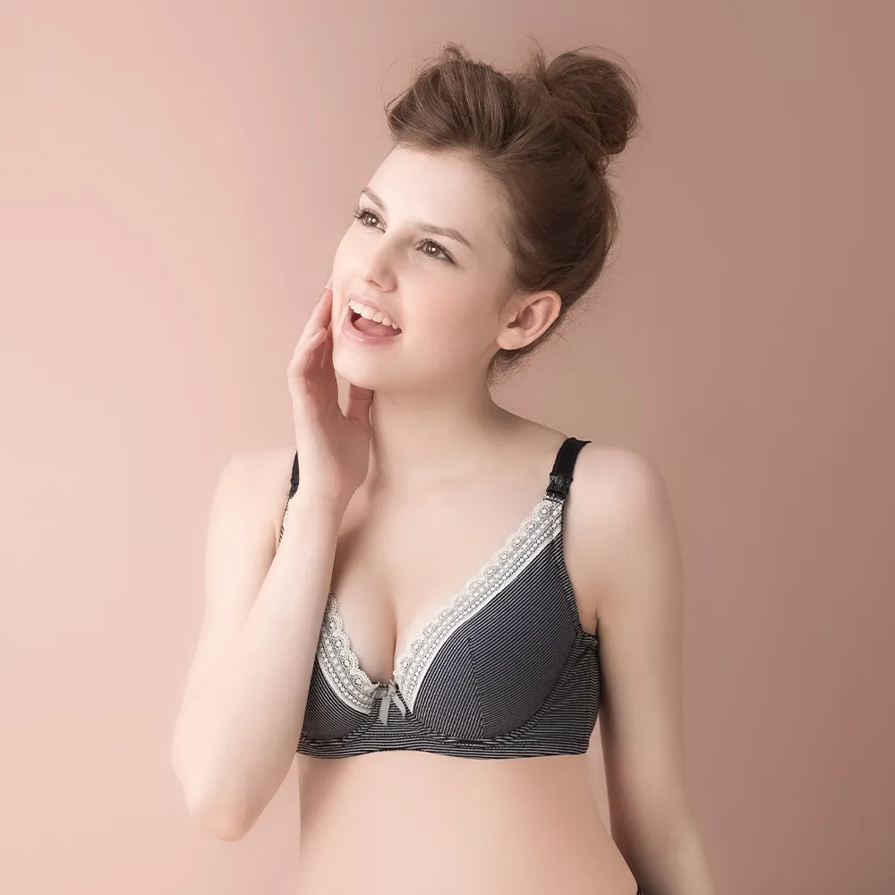 【Gennies 奇妮】哺乳內衣 咖啡紗軟鋼圈內衣 深V(條紋黑)