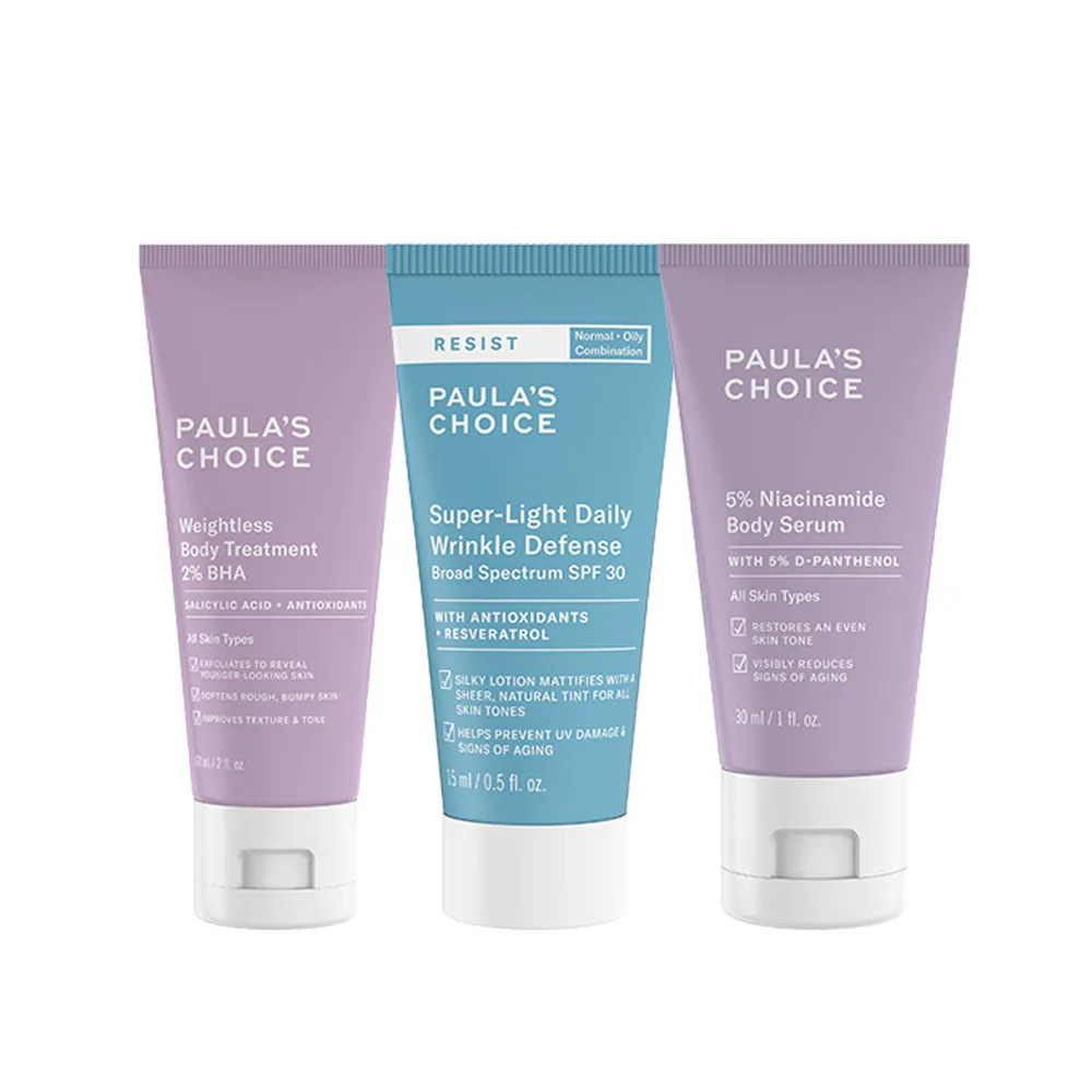 【Paulas Choice 寶拉珍選】2%水楊酸身體乳60ml+抗老化清新潤色防曬乳SPF30 15ml+5%B3勻亮身體精華乳30ml