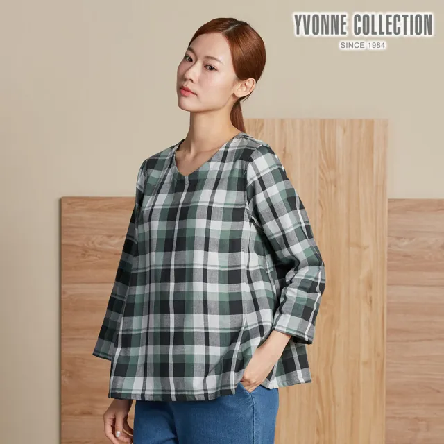 【YVONNE 以旺傢飾】斜紋格V領長袖上衣-暗綠