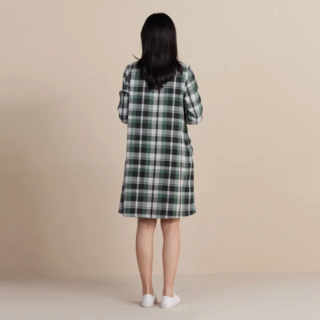 【YVONNE 以旺傢飾】斜紋格長袖洋裝-暗綠色