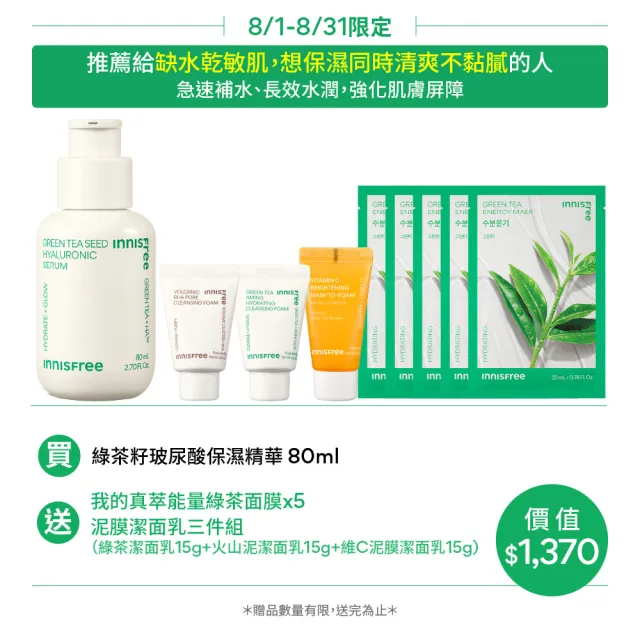 【innisfree】綠茶籽玻尿酸保濕精華 80ml(補水神器)