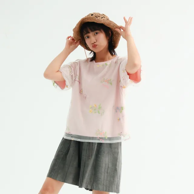 【PINK NEW GIRL】夏戀絮語花卉刺繡網紗短袖上衣 (2色) A3310AD