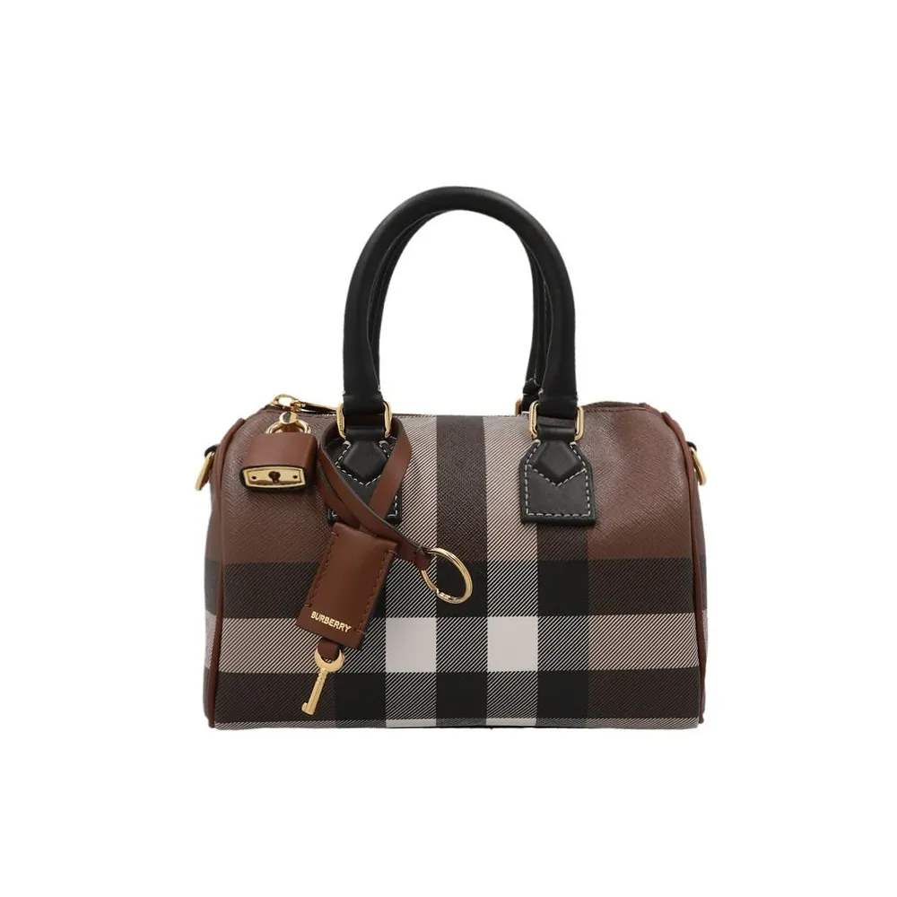 【BURBERRY 巴寶莉】Check Mini Bowling 迷你 格紋 肩背包 斜背包 保齡球包 深樺木棕色