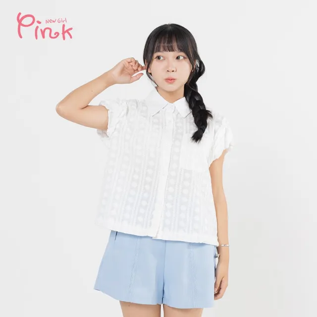 【PINK NEW GIRL】細緻緹花荷葉邊小包袖襯衫 A5204BD