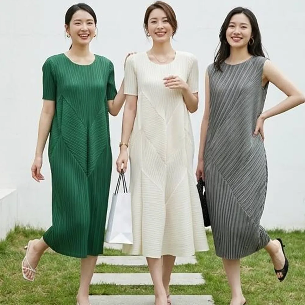 【巴黎精品】現貨+預購 三宅風皺褶衣連身裙壓褶洋裝大尺碼女裝連衣裙(時尚無袖背心女裙子3款b1a62 C)