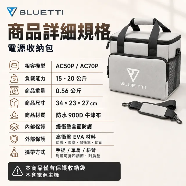 【BLUETTI】電源收納袋 兩用收納包 手提/側背 防撞防塵 承重15KG (含背帶 AC70P AC50P)