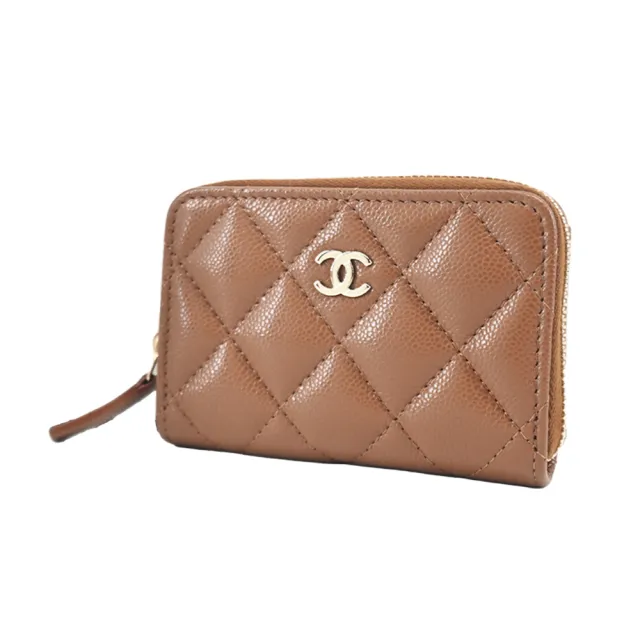 【CHANEL 香奈兒】經典雙C LOGO菱格紋牛皮拉鍊零錢包(棕)