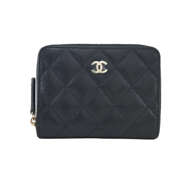 【CHANEL 香奈兒】經典雙C LOGO菱格紋牛皮拉鍊對開短夾(黑色)