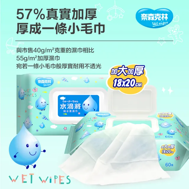 分次配【奈森克林】水滴將純水加厚加大加蓋柔濕巾60抽(20包/箱;每包附濕巾蓋)