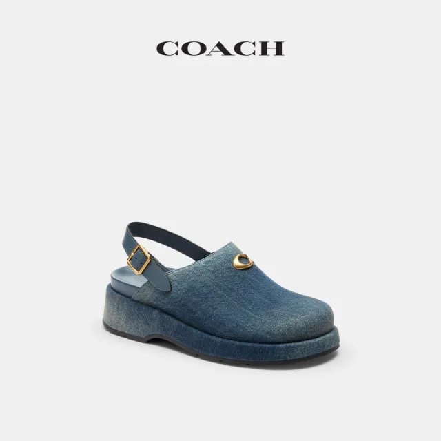 【COACH】蔻馳官方直營 復古摯愛丹寧布立體C字飾件厚底拖鞋-深藍色色(CDE61)