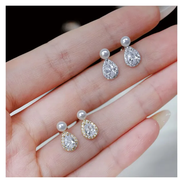 【NANA】娜娜 S925鍍14K金珍珠水滴滿鑽耳針耳環 N115081803(S925 鍍14K金 珍珠水滴滿鑽 耳針耳環)