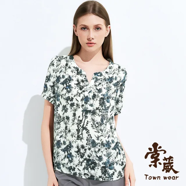 【TOWN’WEAR 棠葳】涼感藍白花卉小V領上衣(女上衣/女上著/短袖/小V領/花卉/印花/優雅/輕盈)