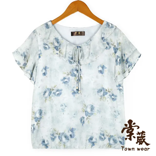 【TOWN’WEAR 棠葳】暈彩花卉荷葉領雪紡上衣(暈彩花卉荷葉領雪紡上衣)