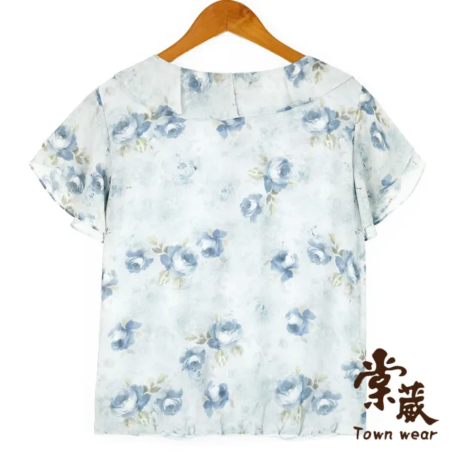 【TOWN’WEAR 棠葳】暈彩花卉荷葉領雪紡上衣(暈彩花卉荷葉領雪紡上衣)