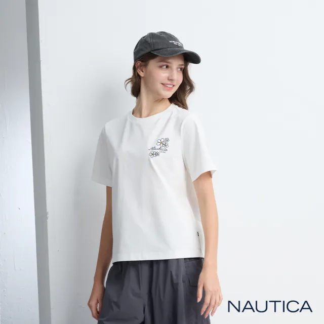 【NAUTICA】官方旗艦 女裝  花卉刺繡涼感短袖T恤-白色