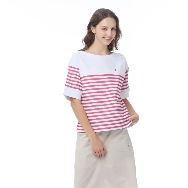 【NAUTICA】官方旗艦 女裝 紅條紋棉麻短袖上衣-紅色