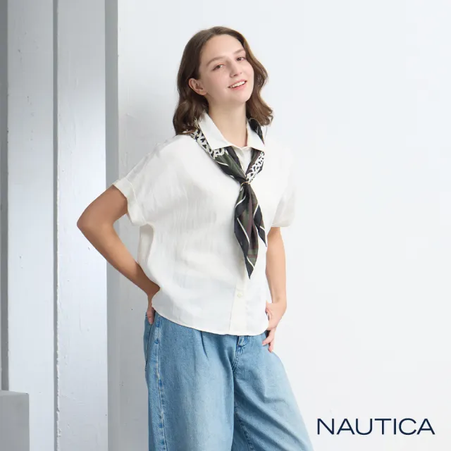 【NAUTICA】官方旗艦 女裝 綁帶領短袖襯衫-白色