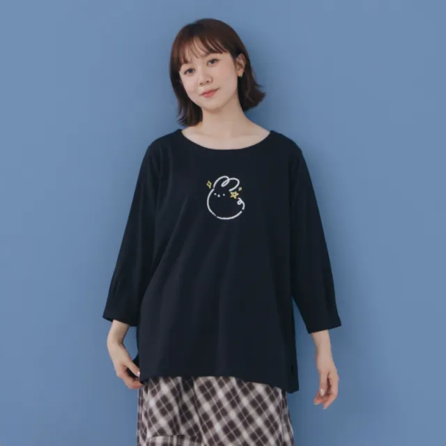 【MOSS CLUB】兔印花七分袖T恤 藍 黑(魅力商品)