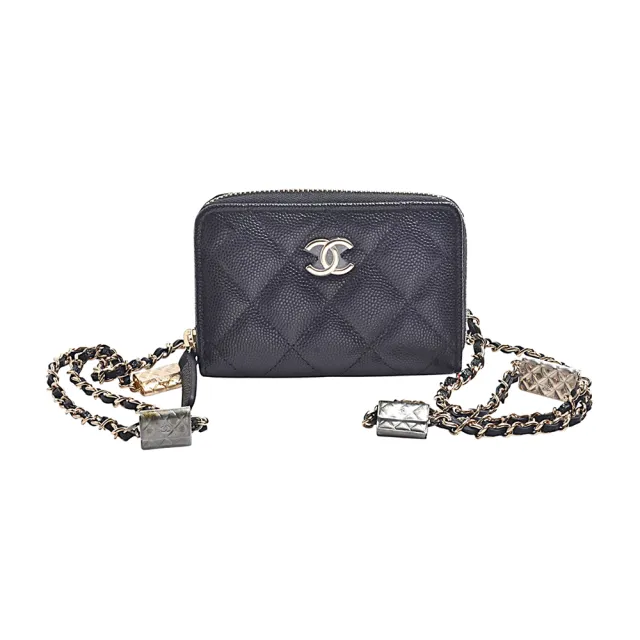 【CHANEL 香奈兒】經典雙C LOGO菱格紋小牛皮金屬包款造型鏈帶斜背零錢包(黑色)