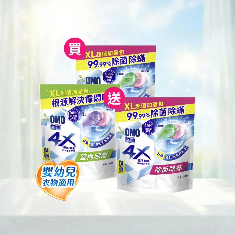 moPro會員專屬【白蘭】4X酵素抗病毒洗衣球_袋裝54顆x3(抗菌防螨/室內晾曬)