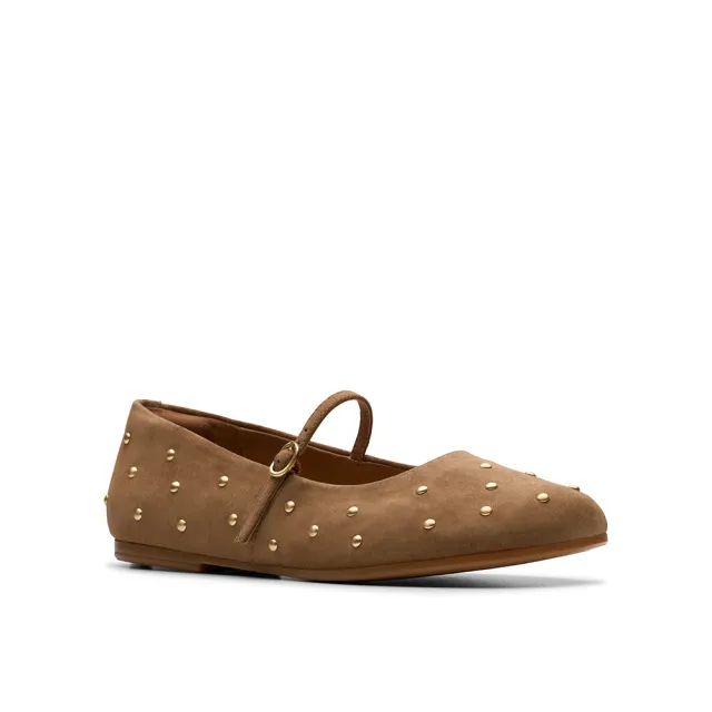 【Clarks】女鞋 -Livia Stud真皮鉚釘瑪莉珍鞋 平底鞋(核桃色)(CLF84158C)