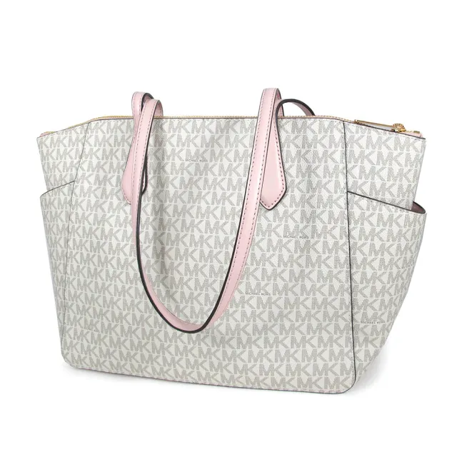 【Michael Kors】金字滿版LOGO肩背托特包(白粉色)