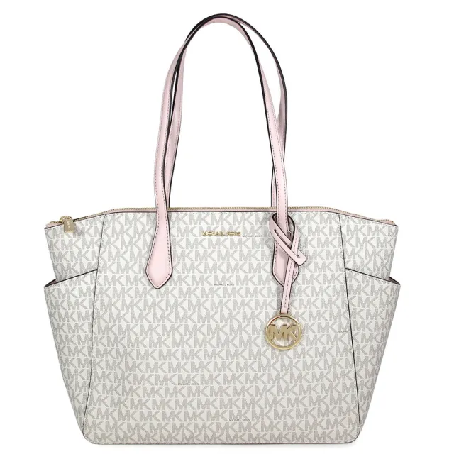 【Michael Kors】金字滿版LOGO肩背托特包(白粉色)