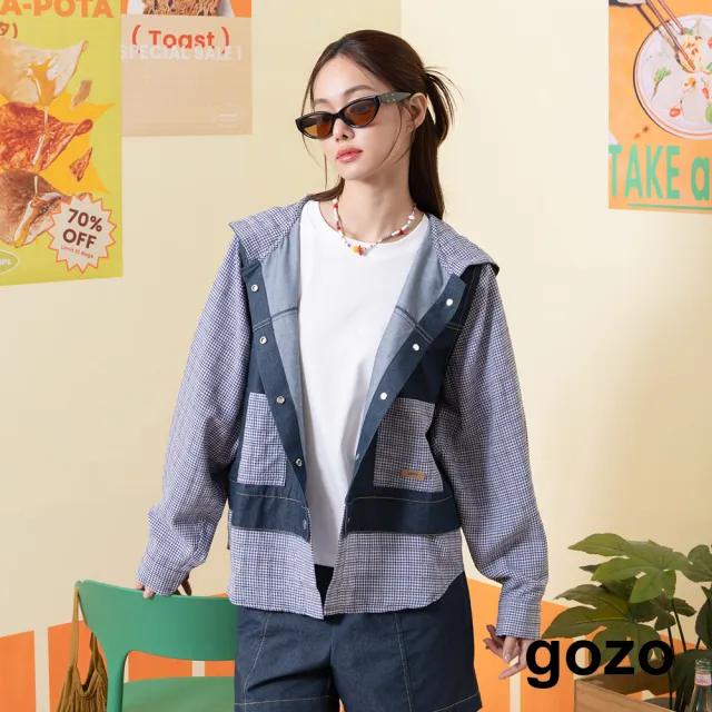 【gozo】仿牛仔假兩件拼接連帽遮陽外套(深灰/深藍)