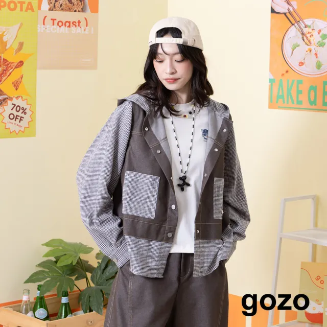 【gozo】仿牛仔假兩件拼接連帽遮陽外套(深灰/深藍)