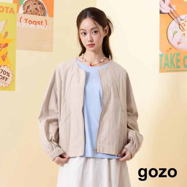 【gozo】MOMO獨家款★限量開賣 後織標剪接無領遮陽外套(米白/卡其)