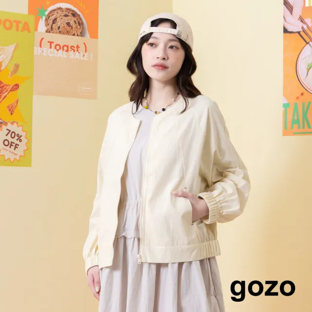 【gozo】MOMO獨家款★限量開賣 後織標剪接無領遮陽外套(米白/卡其)