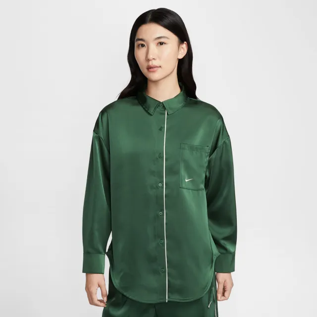 【NIKE 耐吉】長袖上衣 女 襯衫 寬鬆 緞面 AS W NSW OFFLN WVN STN LS TOP 綠 IM0576-323