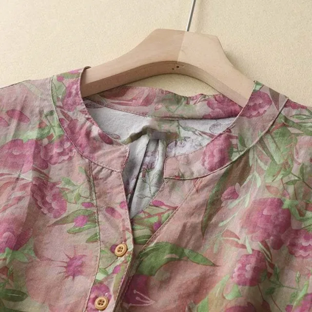 【AKARA】日系棉麻拓印古著風粉彩排扣短袖上衣 中大尺碼 M-3XL
