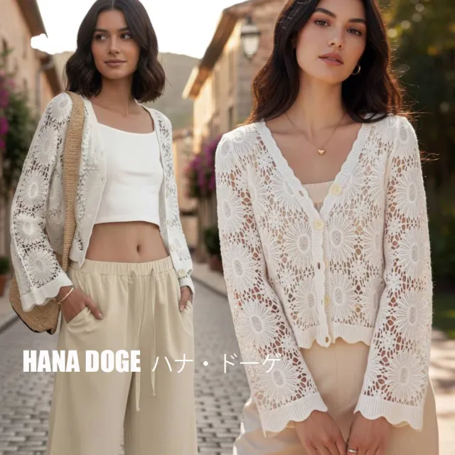 HANA DOGE ハナ・ドーゲ 時尚歐美度假風性感透膚簍空雕花罩衫上衣