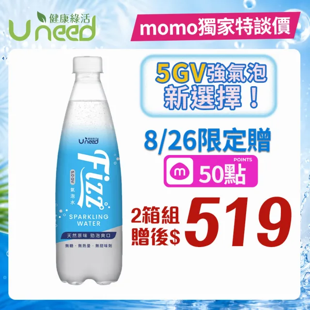 【Uneed 健康綠活】Fizz氣泡水500mlx2箱/共48入(狠強氣泡 5GV 無糖零卡)