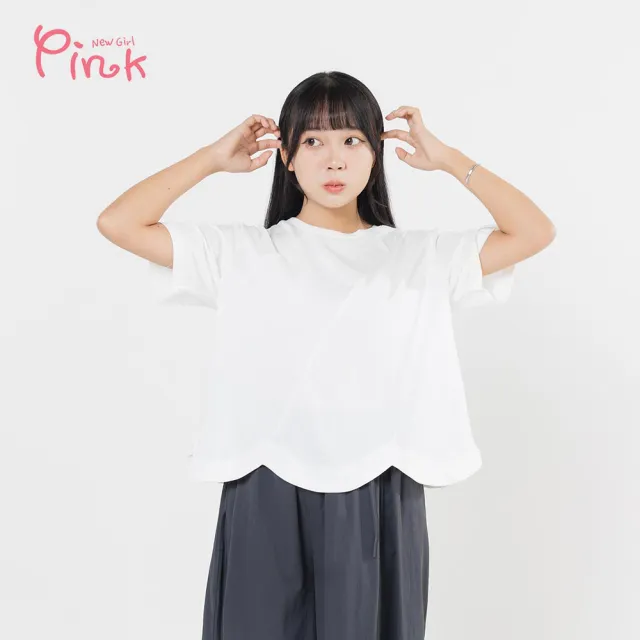 【PINK NEW GIRL】幾何剪裁波浪花瓣下擺短袖上衣 A5308BC