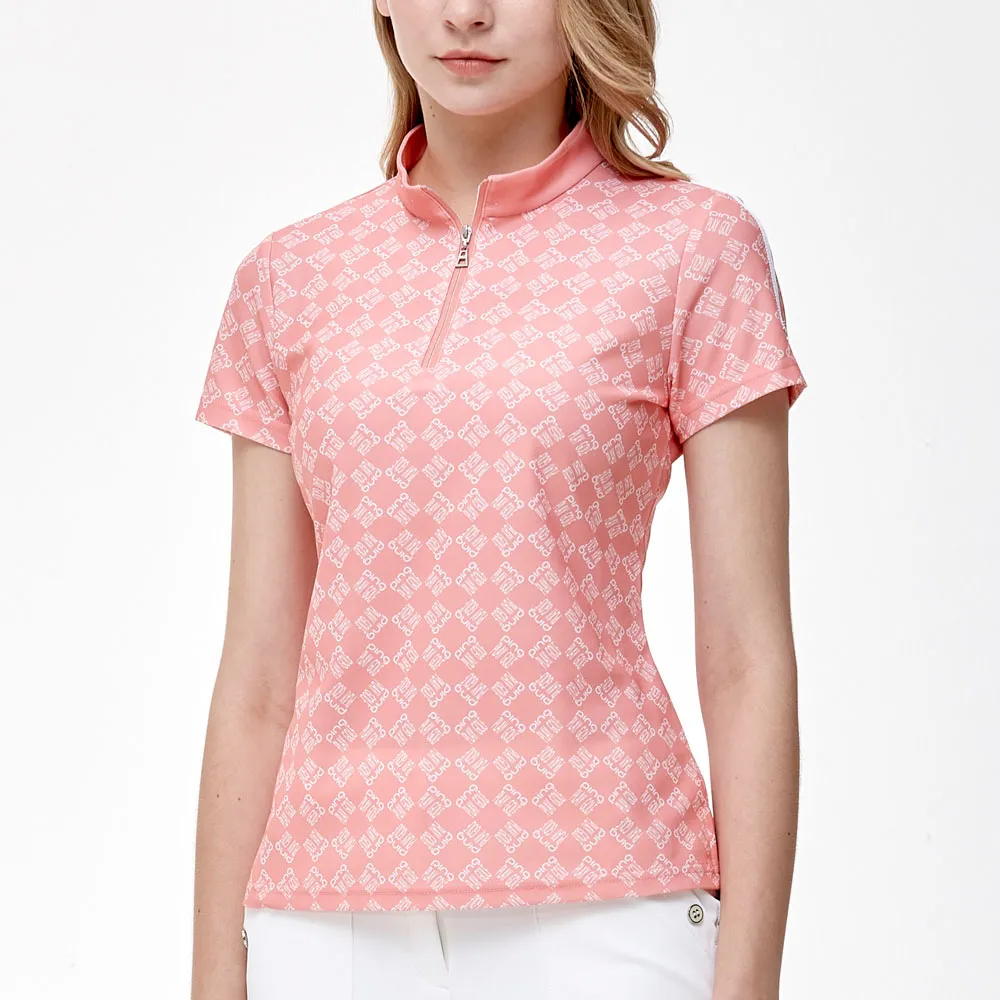 【PING】女款LOGO方格吸濕排汗抗UV立領短袖上衣-橘(GOLF/高爾夫球衫/RA24122-25)