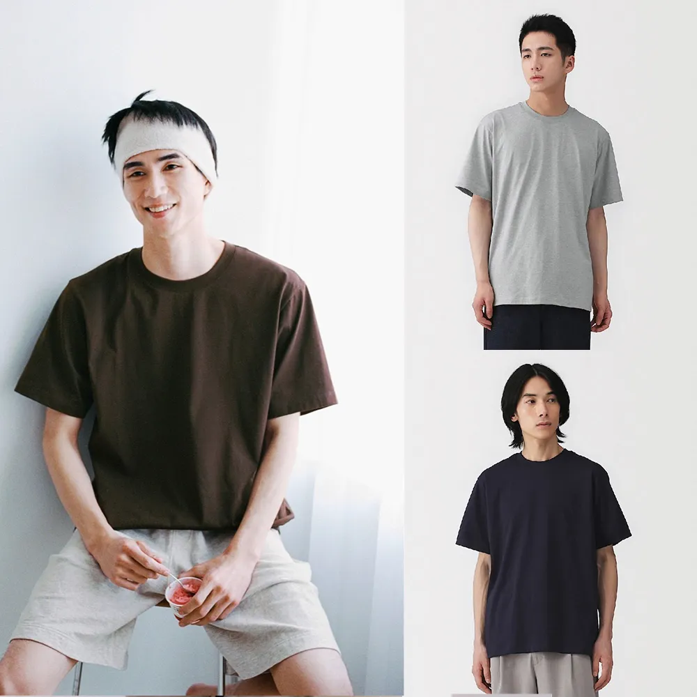 【MUJI 無印良品】男天竺圓領短袖T恤(白色/灰色/黑色/暗藍/粉米/淺綠/煙燻藍/深藍/卡其綠/煙燻棕)