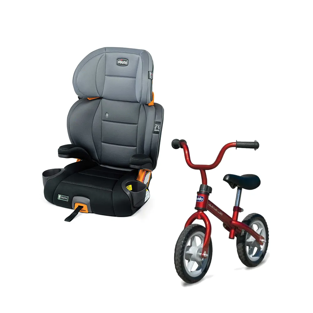【Chicco】KidFit Plus成長型安全汽座風尚版-吸濕排汗/環境友善+幼兒滑步車(適用3-12歲)