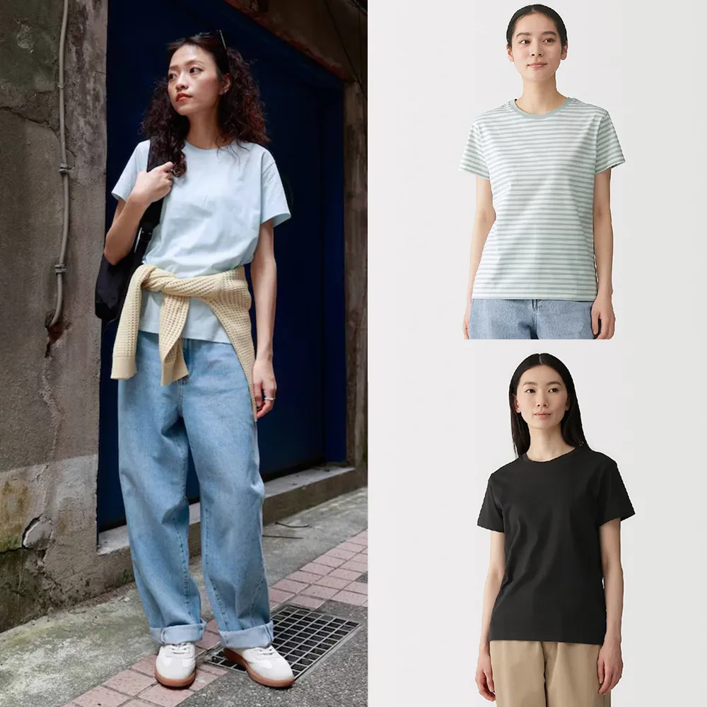 【MUJI 無印良品】女天竺圓領短袖T恤(白色/灰色/黑色/淺橘/黑橫紋/黑紋樣/煙燻藍紋樣/橘橫紋/淺藍)