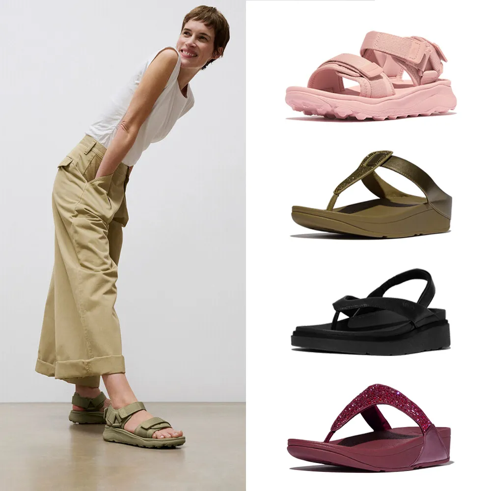 【FitFlop】防水可調式/水鑽金屬/Z字亮片/素面鬆緊/花卉皮革/夾腳後帶涼拖鞋-女(多款)