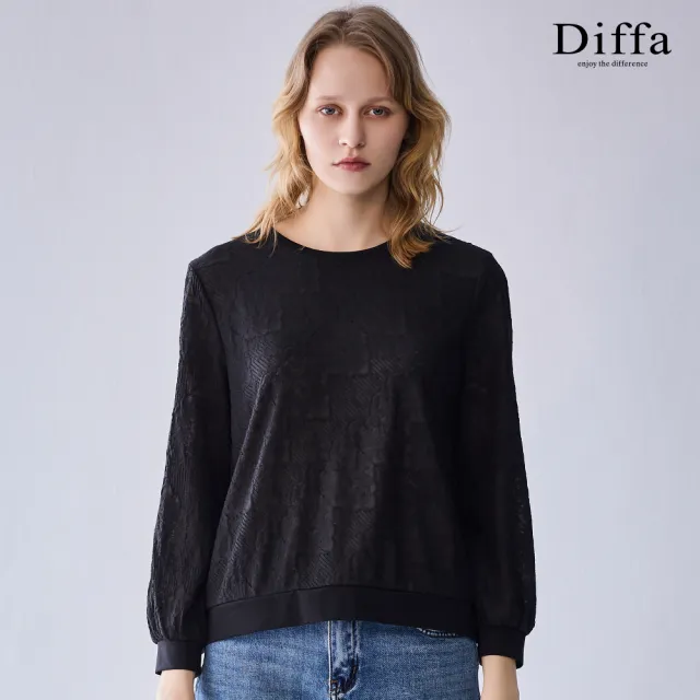 【Diffa】圓領蕾絲花長袖針織衫-女