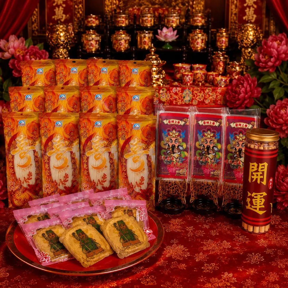 【老食說】神尊發財四寶組 平安發財米 彩繪神尊煎餅 彩繪開運籤詩牛奶棒 元寶關廟麵