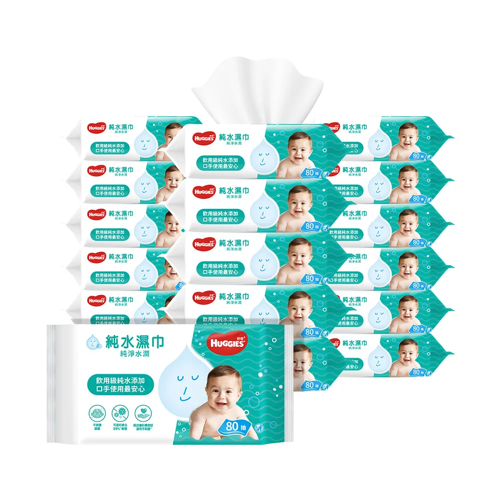 【HUGGIES 好奇】純水嬰兒濕巾純淨水潤型80抽x18包/箱