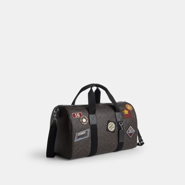 【COACH】蔻馳官方直營 EXPLORER 45 經典 SIGNATURE 貼飾行李袋 旅行袋 斜背包-SV/核桃棕色/黑色(CGA25)