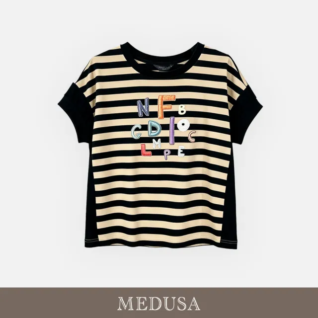 【MEDUSA 曼度莎】現貨-條紋彩色字母拼接休閒T恤（M-XL）｜短袖T恤 女上衣 T恤穿搭
