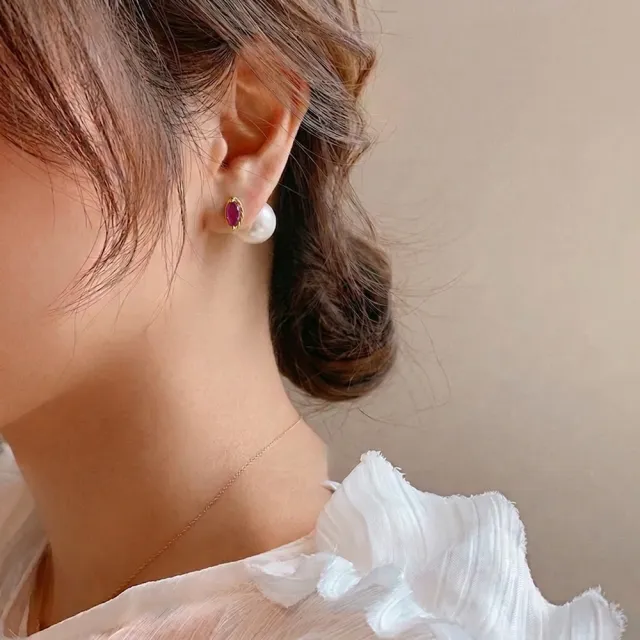 【City Diamond 引雅】18K日本AKOYA珍珠6.5mm金邊紅寶石黃K金兩用耳環 附日本證書(東京Yuki系列)