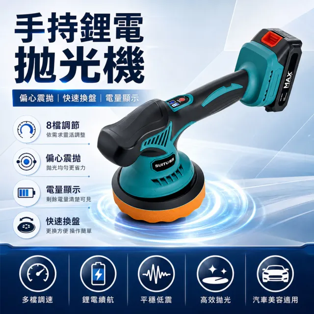 【RTAKO】無線充電式拋光機 DA拋光機 汽車美容打蠟機 21v鋰電池 偏心震拋 8檔調速 KQ（一電一充）